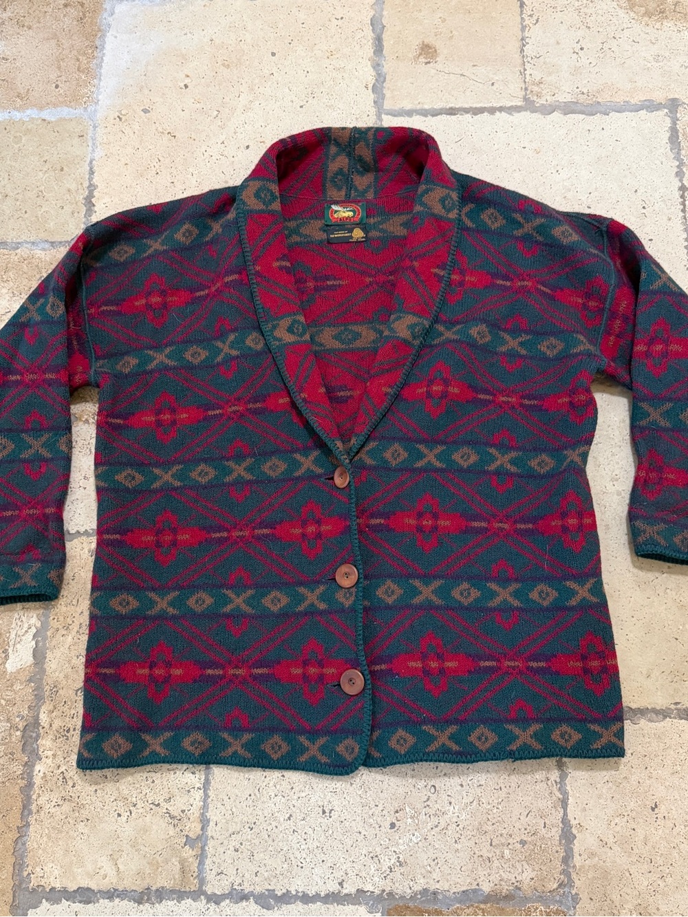 Vintage Alps Cardigan Sweater Womens Medium Red Green Geometric Long Sleeve Wool